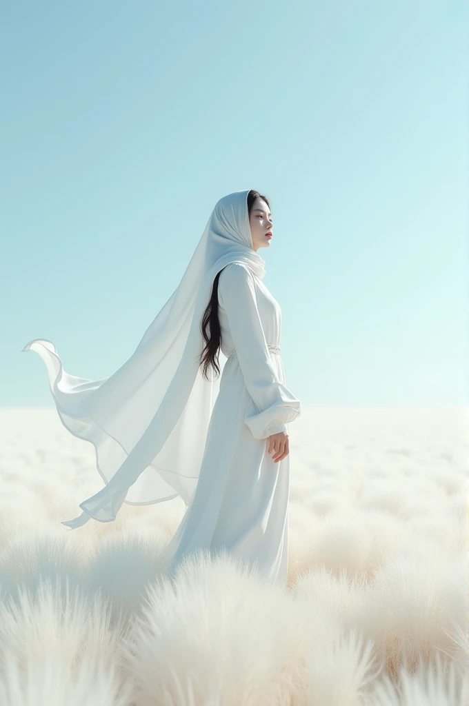 1 beautiful Korean girl, 20 years old, wearing a long white abaya Muslim dress, wearing a pashmina hijab, standing in a field of white grass while 