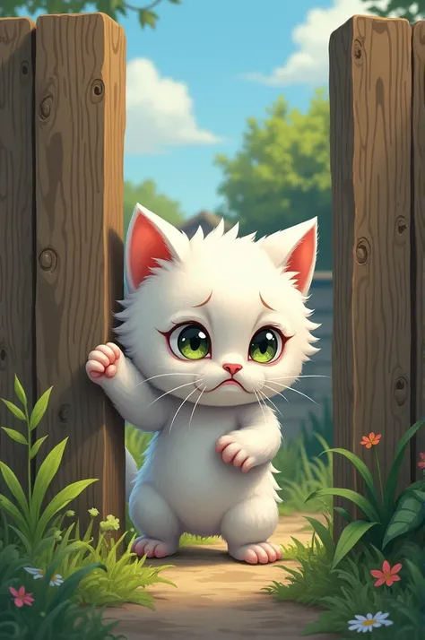 "Illustrate the white kitten in a different yard, looking confused and concerned. It is stuck, with its body partially through the hole in the fence. The neighboring yard should look unfamiliar, with a different setting from the previous garden, and the ki...