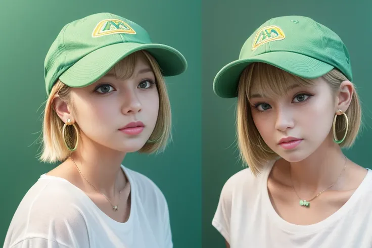 aka shiba,  1girl, aqua eyes, baseball cap, blonde hair, closed mouth, earrings, green background, hat, hoop earrings, jewelry, looking at viewer, shirt, short hair, simple background, solo, upper body, yellow shirt 