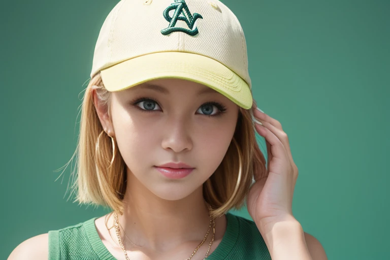 aka shiba,  1girl, aqua eyes, baseball cap, blonde hair, closed mouth, earrings, green background, hat, hoop earrings, jewelry, looking at viewer, shirt, short hair, simple background, solo, upper body, yellow shirt 