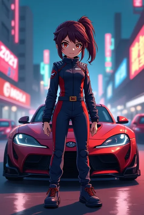 Cartoon girl racer standing in front of a tuned Japanese car in Fast and Furious style