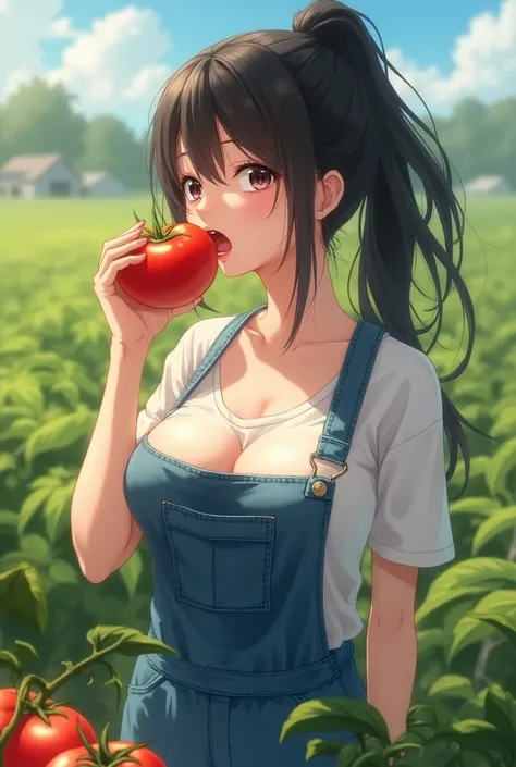 トマトを噛じる日本のRealisticな女子高生、Realistic、The sun is strong、field、white t-shirt with open chest 、Deep cleavage on the chest、Big Breasts、Blue Overalls、 ponytail、Black Hair、