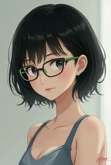  1 girl,  simple background, Black Hair,  High Resolution , Bob Hair, Small breasts, open your mouth slightly, throw, Realism, Japanese, Height: 152cm、Glasses、Age 27、green inner with black outer、A cool face