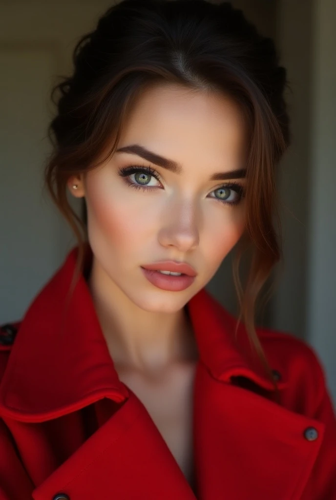 A beautiful girl with her hair gathered in a low bun, in a Red jacket, selfie photo, charming smile, serious look