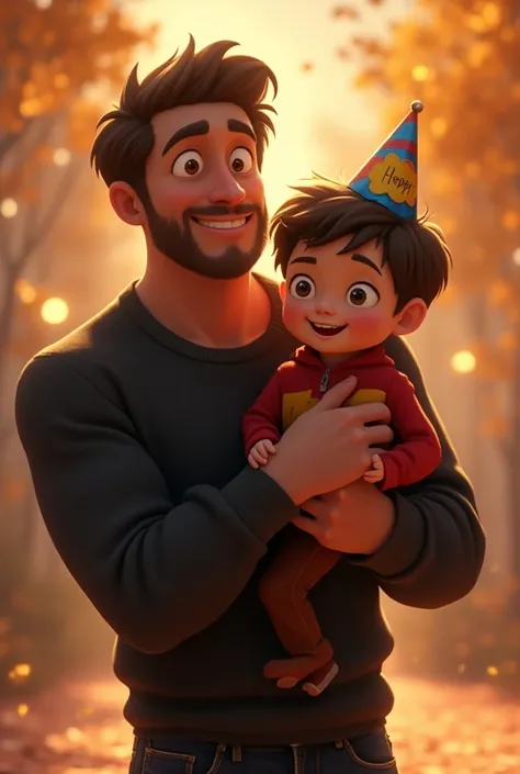 Image dun enfant de 1 an dans les bras de son parrain, qui fête ses 30 ans. Le parrain est un homme maigre, brun avec une petite barbe, habillé en jean noir et sweat noir. Et avec un chapeau danniversaire. Limage est en Disney pixar