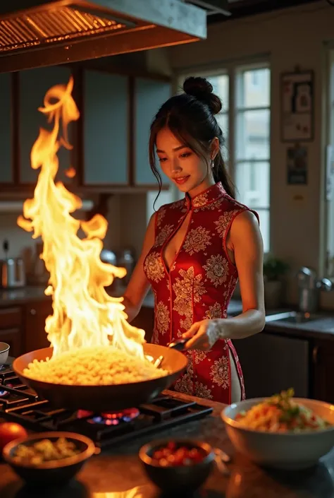 documentary photo, realistic, dramatic scene, very beautiful Japanese high school girl, famous beautiful Japanese idol, cute woman, beautiful white transparent skin, (wearing a Chinese dress:1.2), (very large breasts), slim waist, (she is cooking at the ho...