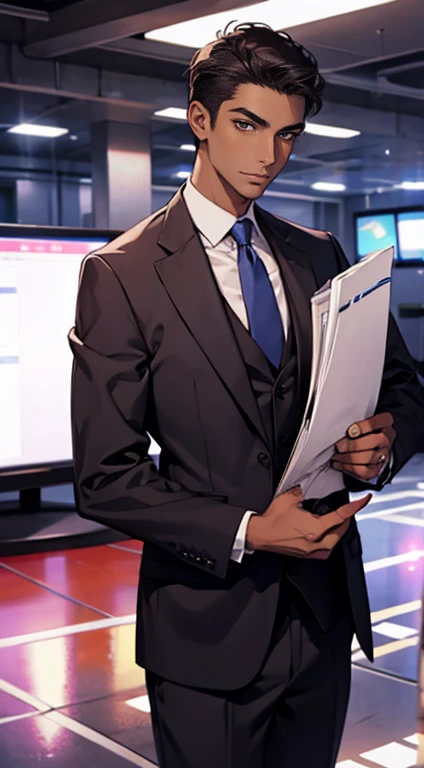 Man news reporter, wearing suit, brown skin