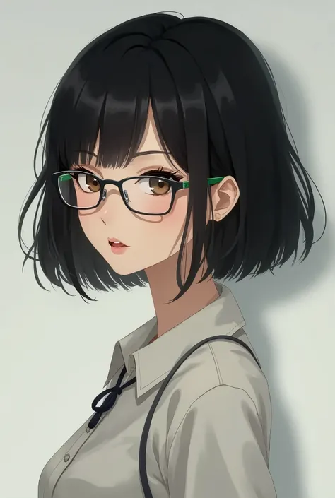  1 girl,  simple background, Black Hair,  High Resolution , Bob Hair, Small breasts, open your mouth slightly, throw, Realism, Japanese, Height: 152cm、Glasses、Age 27、green inner with black outer、A cool face