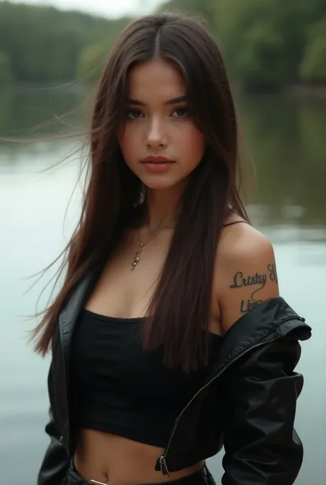 A beautiful girl,standing in front of the river,with the wind effect ,wearing a color black croptop jacket,straight hair with cap,looking at the river,with the name Cristy Liza in her necklace.and with the tattoo name Cristy Liza in her shoulder