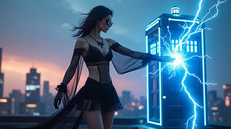 (Wide and low angle view). (With hand extending forward, a female magician is emanating a blue energy in the form of lightning bolts with the electric glow), wearing a black ethereal translucent short tulle dress, leopard-print sling top, an telephone boot...