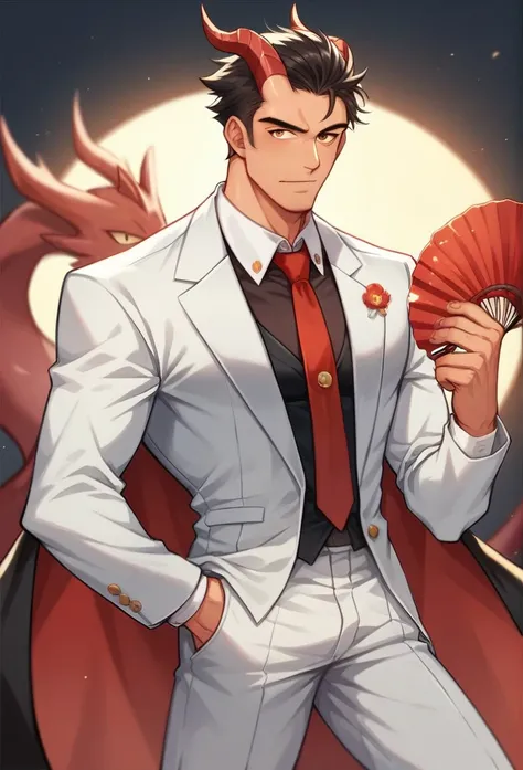  Anime man in a suit wearing a tie， Background with a dragon ,  dragon suit , Written by Yang J,  Man and dragon fusion , Handsome Japanese devil boy,  Wearing a handsome man in Artstation ,  Epic elegant portrait ,  Handsome man in the style of the Demon ...