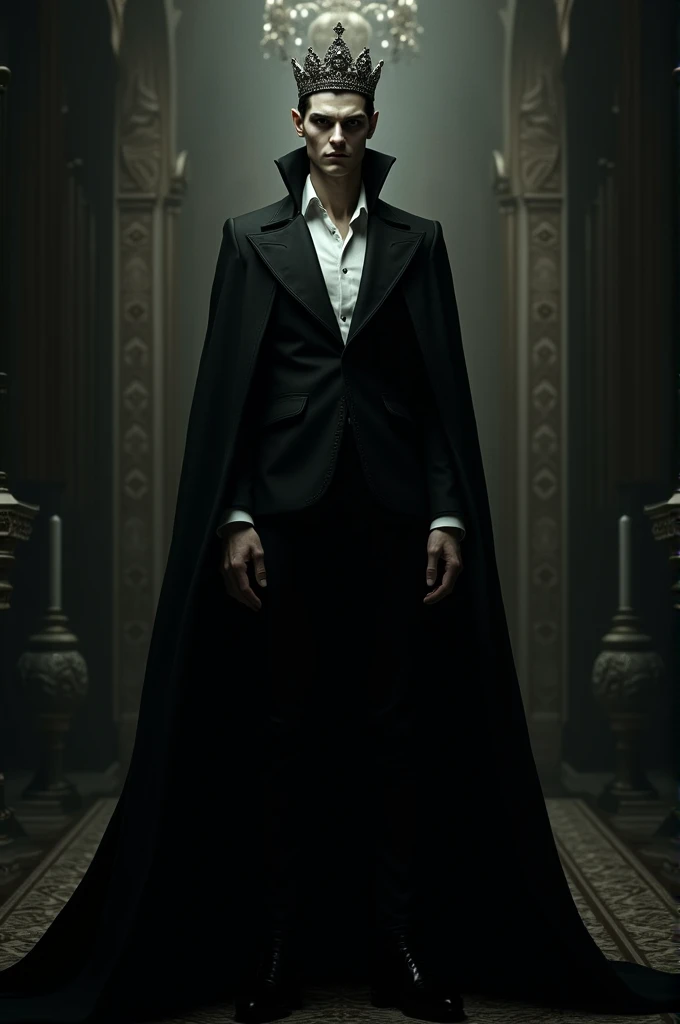 A handsome vampire wearing black suits and cape with crown 