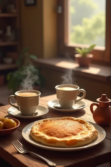  A table with two cups of coffee , chuño, table, pancake 