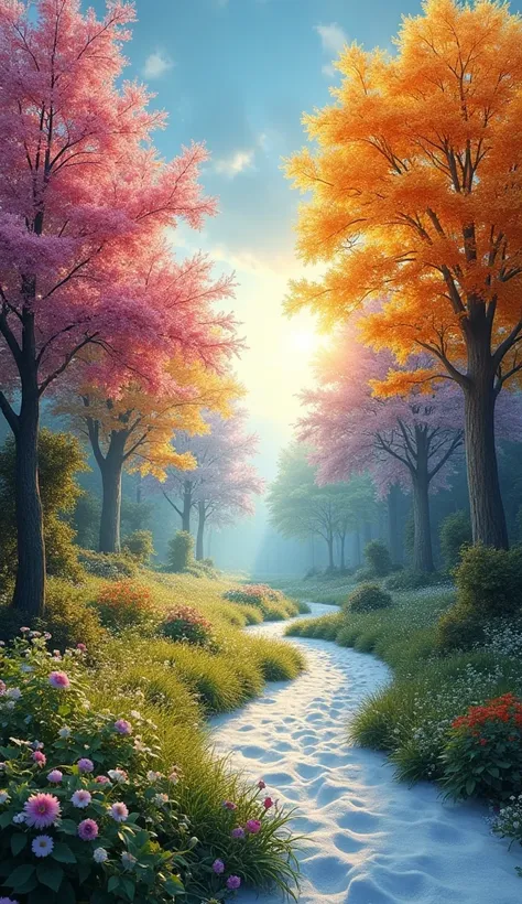  Scenery where the four seasons are fused on one screen
Scenery showing spring, summer, autumn, and winter simultaneously on a single screen。Colorful、Its an attractive image that visually expresses the concept of time 。
