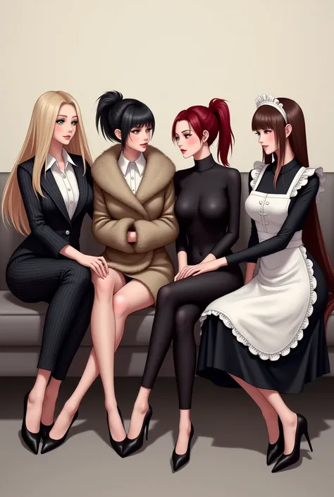 4 women, sitting on a couch, 1st blonde girl with long hair wearing a business suit, 2nd girl with short black hair wearing a winter coat, 3rd girl with dark red ponytail hair wearing a black bodysuit, and 4th girl with long straight brown hair wearing a m...