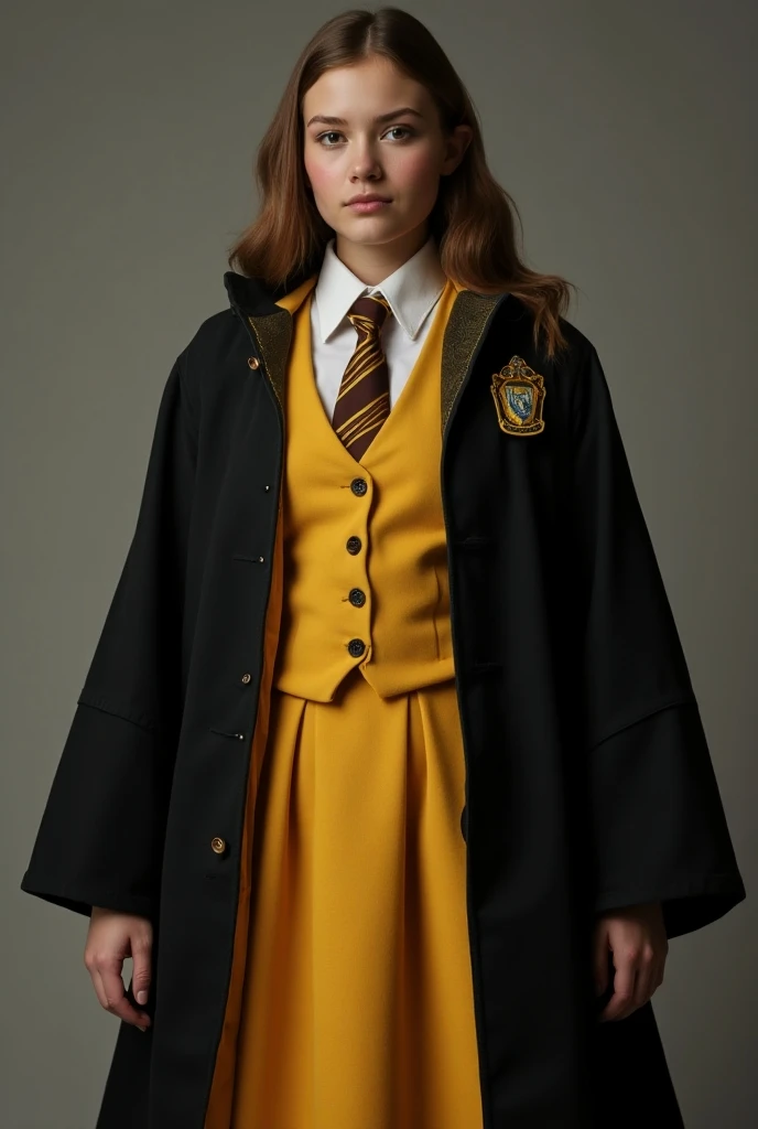  Your Hogwarts uniform is a fusion of logic and creativity. The skirt with a hexagon pattern of a soft yellow color,  symbolizing your analytical mind .  The black cloak , with gold lining ,  reflects your practical approach . the tie,  in shades of brown ...