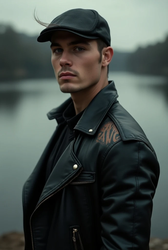 A handsome boy,standing in front of the river,with the wind effect ,wearing a color black leather jacket,with cap,looking at the river, with the tattoo name AVG in her shoulder