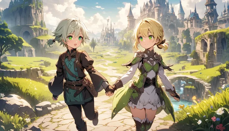 whole body,juvenile(, has blonde hair tied, Green Eyes)and girl (Long silver hair ),Holding hands, fantasy world,