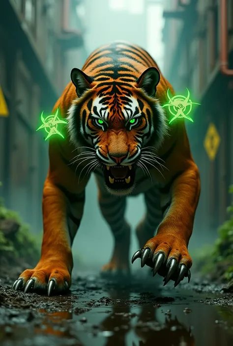 A fierce tiger with biohazard elements integrated into its design, featuring vibrant colors and a dynamic pose. The background should have an industrial or toxic theme, with subtle biohazard symbols woven into the environment