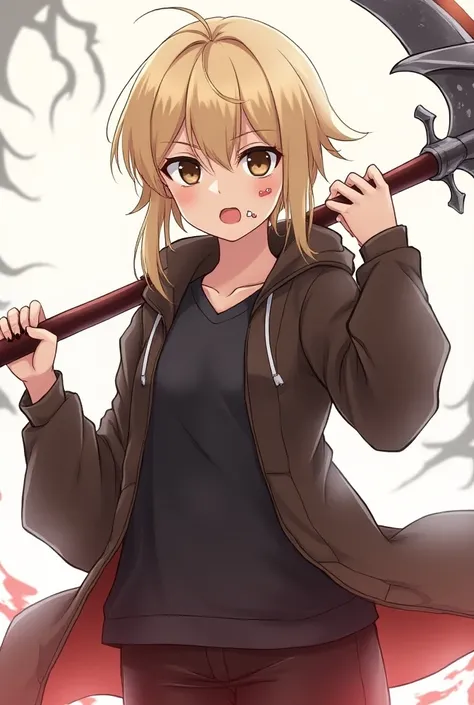 Jujutsu Kaisen, woman, short blonde hair,  brown eyes, mouth and eyebrow piercings, holding a scythe, 2D