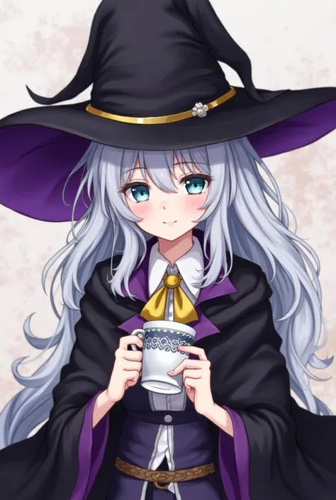 Elena_(possible_No_gossip), Superb, masterpiece, 4K,,  1 Girl , Feminine, beautiful, A cup, gray hair, Big magic hat  +  Black Above ， Purple Inside , blue eyes,  white shirt , Yellow Ribbon ,  Black Robe ,, cute,  Gaze Beholder , Smile,  Magical Girl,  Ba...