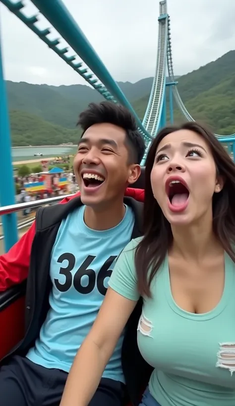 a Malaysian man wearing a light blue t-shirt that says "366", a black and red hoodie jacket, next to a Malaysian woman, plump, big breasts, red lips, hysterical expression, scared, screaming, wearing a tight pastel green t-shirt, ripped blue, they are enjo...