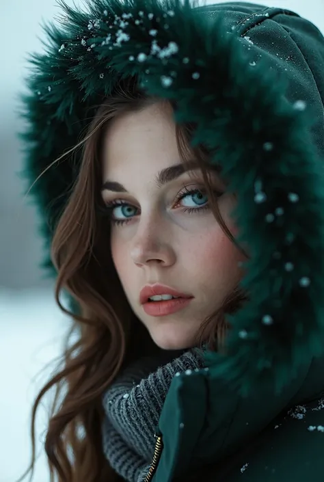 a girl in a winter snow scene, wearing a dark green winter jacket with a furry collar and hood, beautiful detailed eyes, beautiful detailed lips, extremely detailed eyes and face, long eyelashes, high fashion portrait, cinematic lighting, fujifilm, panavis...