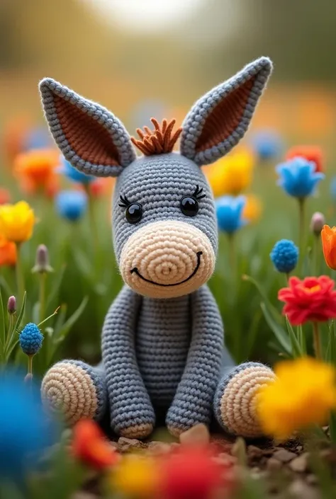 "A crocheted stuffed donkey, cute and adorable amigurumi sitting amidst a vibrant and colorful flower garden. The stuffed donkey has large, expressive eyes and a sweet, smiling expression. The garden is full of blue, yellow, and red flowers blooming, creat...