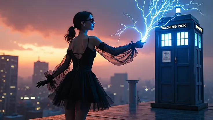 (Wide and low angle view). (With hand extending forward, a female magician is emanating a blue energy in the form of lightning bolts with the electric glow), wearing a black ethereal translucent short tulle dress, leopard-print sling top, an telephone boot...