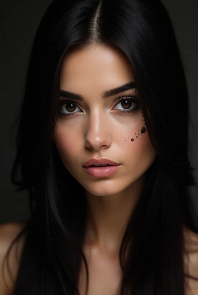 Brazilian brunette woman, with straight black hair, dark brown eyes, big pink mouth, with a small dot on the left side of the face below the eye and close to the nose and paint on the chin on the right side