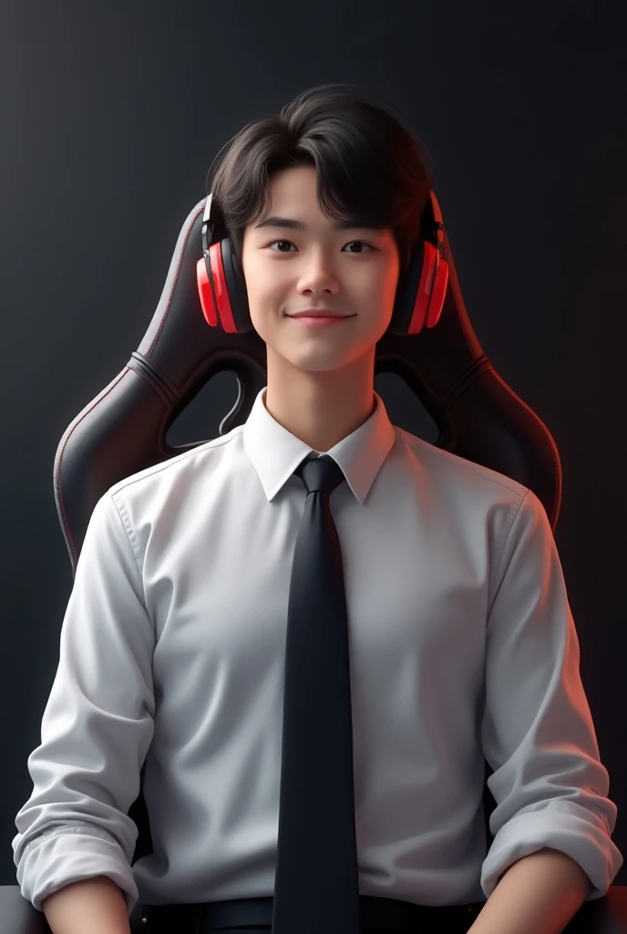 Make a adult 18 years realistic boy white shirt and black tie and red headphone sitting in a gaming chair and happy reaction to the left side