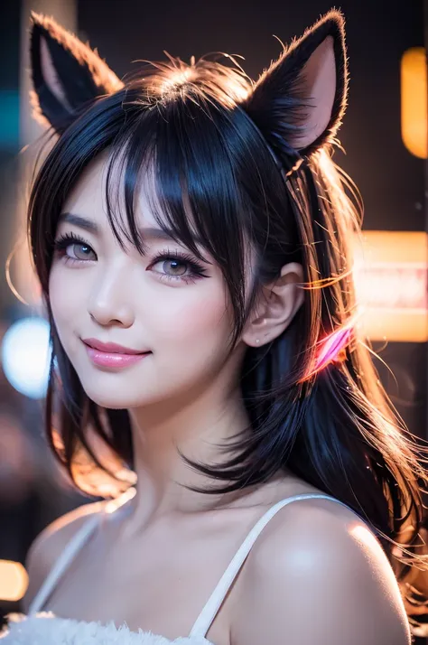 black hair, hair bobbles, wince, longeyelashes, solid circle eyes, fake animal ears, light smile, ear blush, fang, ccurate, streaked hair, tokin hat, raised eyebrows, multicolored eyes, mismatched sclera, pointy ears, makeup, saliva, Surrealism, drop shado...