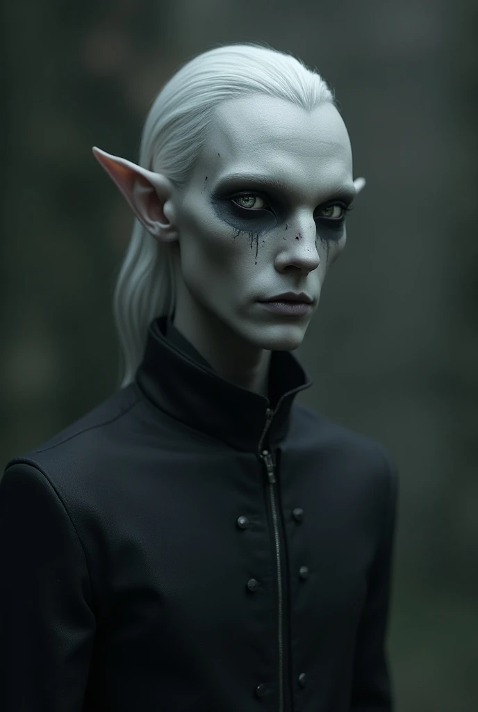 ((medieval)), gray skin, elf ears, black sclera eyes and white pupil, Shoulder-length hair, white hair, 1,50 tall, scar on the right eye, man, 27 years old.