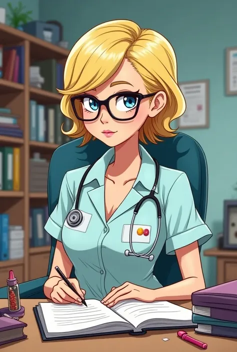 Creer moi une image style cartoon dune infirmière blonde cheveux tres courts à lunettes installée à un bureau avec des sextoys 