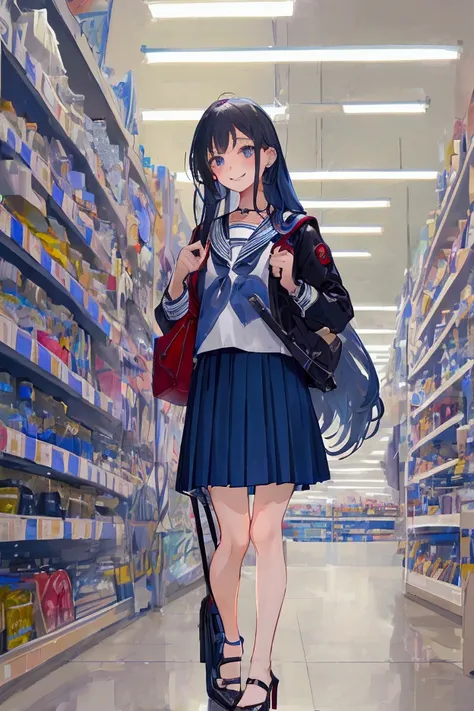 masterpiece  ,   Best quality,  HD,  in Supermarket,  on shelves with alcohol,  girl,  sensual,  sexy , bluesilver hair,  very very very long hair,  school clothes,  black,  short pleated skirt, schwarz,  transparent over the knee ,schwarz , necklace, Cros...