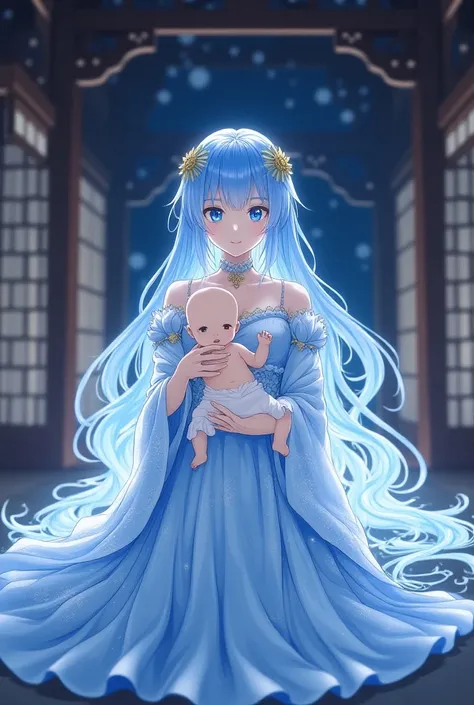 A Japanese woman in a temple,  wearing a dress that recalls the stars that focuses on her breasts.  An angelic beauty and a baby in her lap . Her blue hair and bright eyes . Anime Model