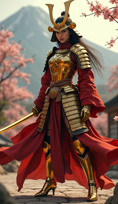 whole body,  a female samurai , gold armor ,  helmet , high heel shoes,  glowing katana stick ,  cherry blossom view of japan
