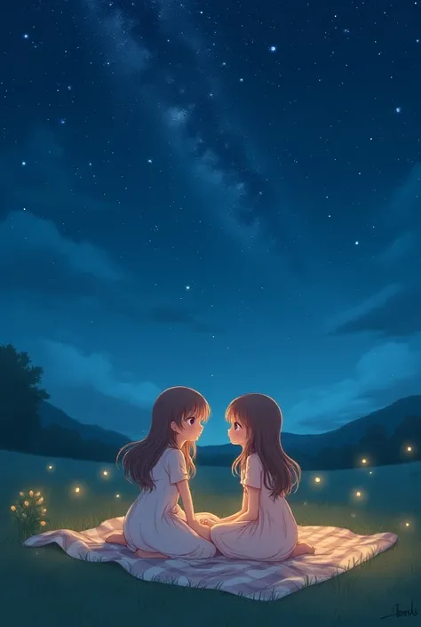 two girls sitting on a picnic blanket at night under a vast starry sky, gazing into each other’s eyes with a warm, magical glow. The scene is set in a peaceful, grassy field with soft, rolling hills. The sky is filled with twinkling stars, with a few shoot...