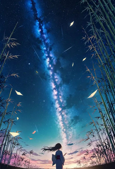 ((pastel))、One woman,kimono,Tanabata,Lots of bamboo , paper is attached to bamboo, blowing in the wind ,Night Sky,milky way, seen from afar ,A touching scene