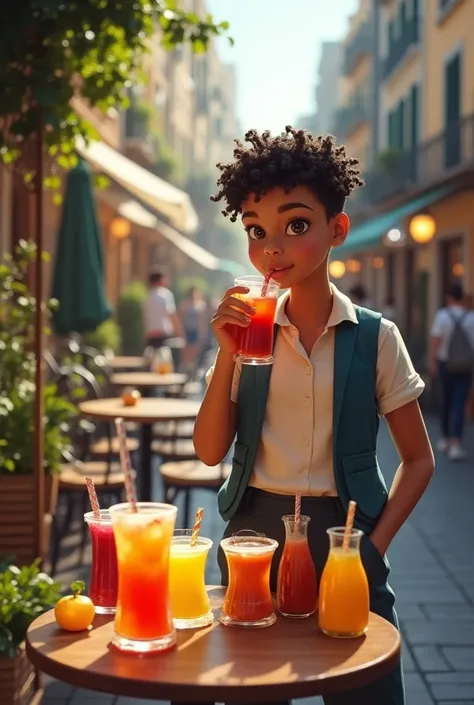 Create an image of a person trying juices in a street cafe 