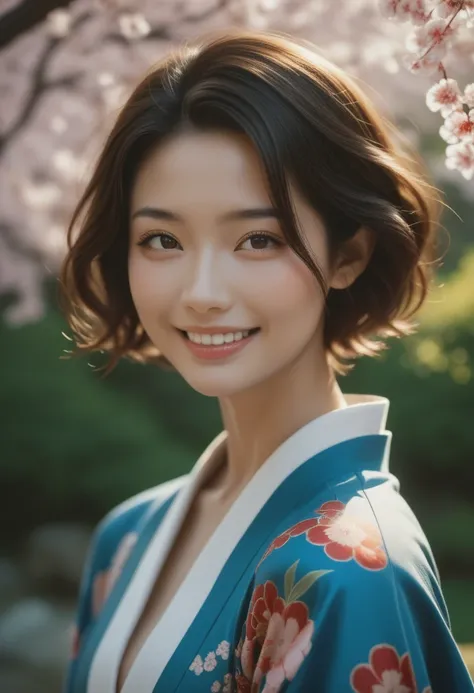 Digital portrait of a Japanese short-haired woman, Beautiful Face, My hair is disheveled,Rolling,  cinematic , Unreal Engine 5, Beautiful, Incredible Color Grading, kimono,Japanese Dress, in the same way, photograph, Cinematography, art、smile