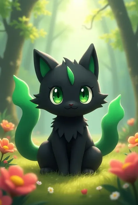 A furry humanoid black biped Pokemon cat with bright green eyes and two fiery green tails standing cuddly anime-style in a forest full of flowers