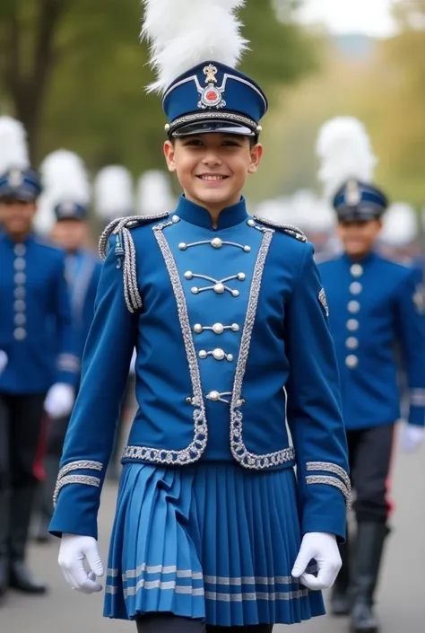 Generate an Image about: Some 12 to high school boys joining the parade wearing a band uniform outfit. Outfit of those boys: 1. Blue-colored tunic with light blue and dark blue sleeves and silver buttons at left to right and white rope within the tunic wit...