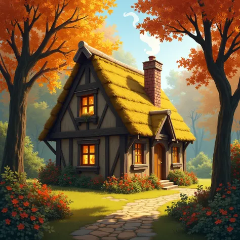 snowwhite cottage in autumn forest