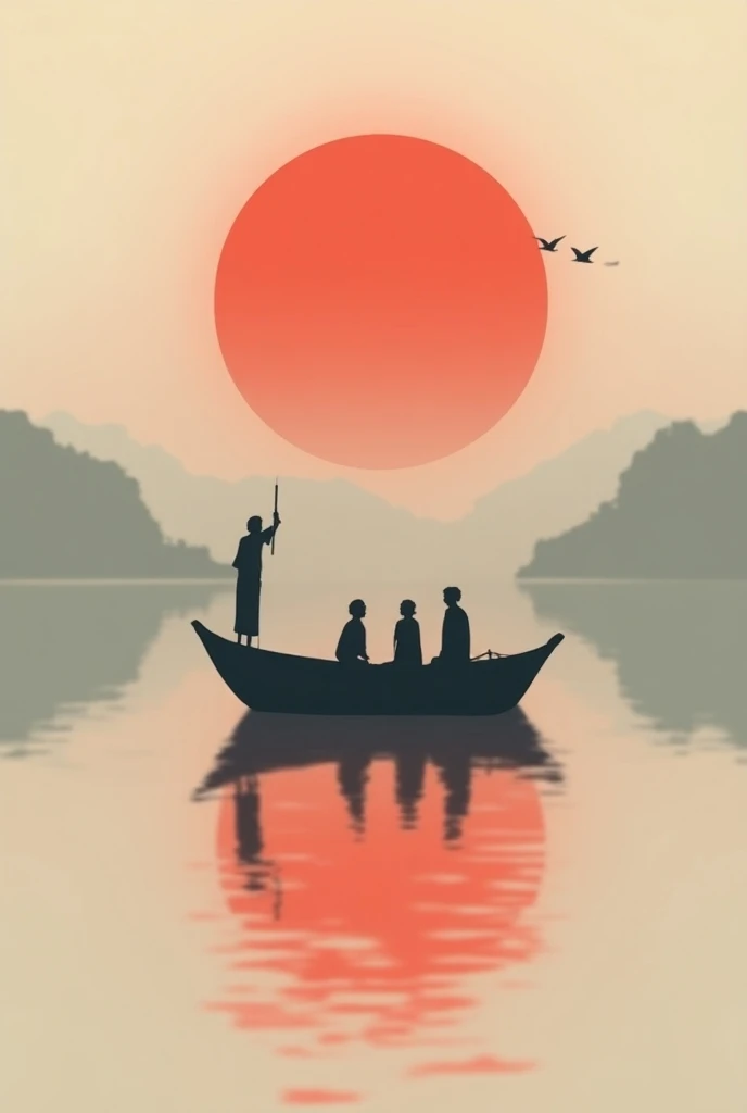 Create a minimalist digital illustration of a boat with human silhouettes on calm, reflective water at sunset. A large red sun dominates the background, casting a soft glow, while the sky and water blend seamlessly into dark, muted tones of gray and black....