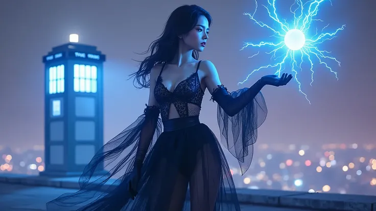 (Wide and low angle view). (With hand extending forward, a female magician is emanating a blue energy in the form of lightning bolts with the electric glow), wearing a black ethereal translucent short tulle dress, leopard-print sling top, an telephone boot...