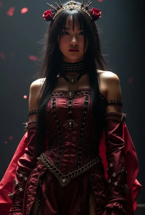 A beautiful 20-year-old Korean girl wearing This appears to be a striking and intricate theatrical or performance costume, perhaps for a rock or metal music show. It has a bold, gothic-inspired design featuring a deep red or burgundy color, with an abundan...