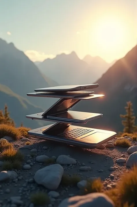 Show me an iPhone that turns into a computer in a place with sun above the mountain 