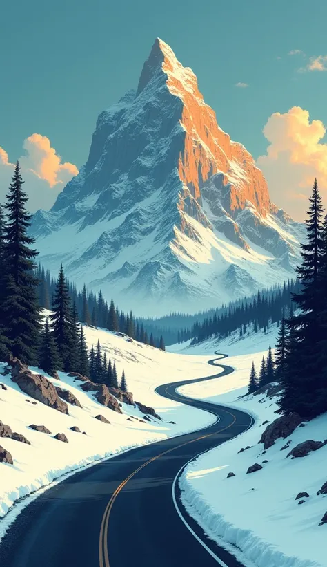 Create a retro-style digital illustration of a winding road through a snowy landscape with a towering, majestic mountain in the background. The scene should have strong contrast between the dark road and the bright snow, with golden light casting dramatic ...