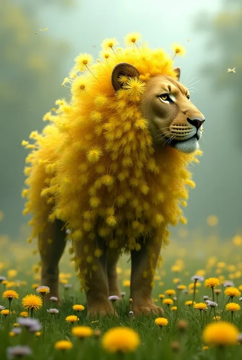 Heres the modified prompt for you:

"Image is a digital artwork featuring a stylized, mythical lion composed entirely of vibrant dandelions. The lion stands in a majestic pose, its powerful body adorned with intricately detailed dandelion florets, giving i...